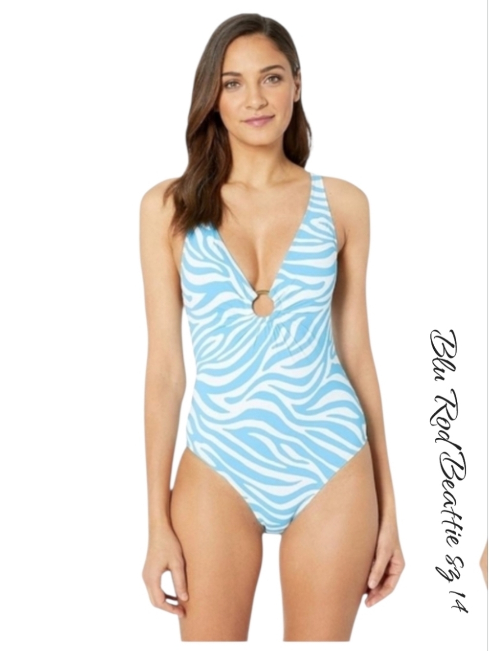 Bleu Rod Beattie Tropical Fever Plunge Halter One-Piece Swimsuit Blue Zebra 14
